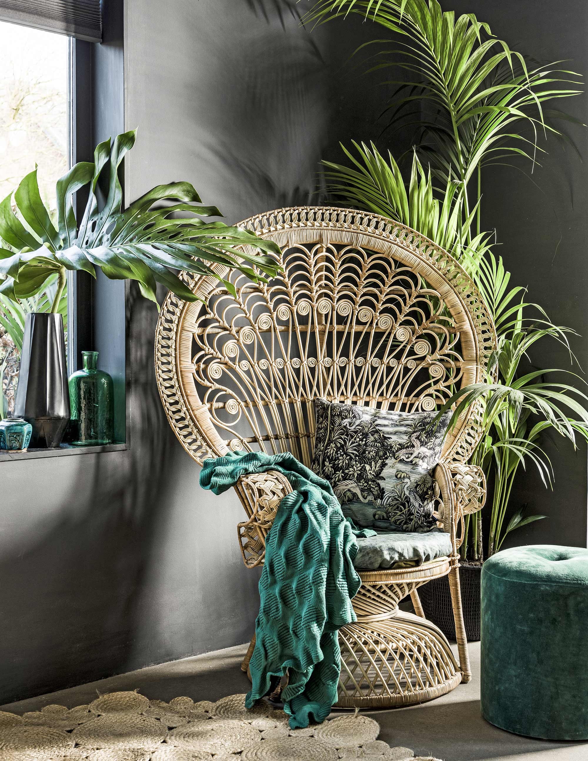 Pauwenstoel, 115x65x150 cm (bxdxh) € 549,-, vloerkleed Mandala, medium € 149,- (Zenza). Groene plaid Ikea PS 2017 € 29,95 (Ikea). Kussen Jungle Life € 16,95 (HK Living). Groene fluwelen poef € 79,99 (Sissy-Boy). Hoge zwarte vaas € 39,95 (Nijhof). Groene fles € 14,95 (H&amp;M Home). Groot Monstera-blad € 6,50 (Decora Bloemdecoraties). Palm (www.mooiwatplantendoen.nl). Chinees gemberpotje privébezit. vtwonen 06-2017 | styling Moniek Visser | fotografie Sjoerd Eickmans | assistentie Yentl-Rosa van Manen