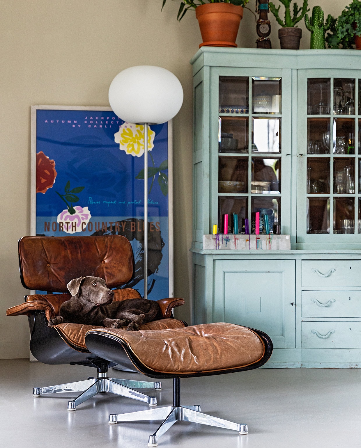Eames Lounge Chair van Vitra met daarin hond Soof. Vloerlamp Flos. Poster Helle Heiberg &amp; Joel Anderson. Eikenhouten kast van de opa van Michiel, geschilderd in Svenska Blue van Annie Sloan. Erop onder meer een monstera (gatenplant). Muurverf Shaded White van Farrow &amp; Ball. Overig herkomst onbekend. JA | vtwonen 07-2021 | styling Ilona Jongepier | fotografie Dana van Leeuwen