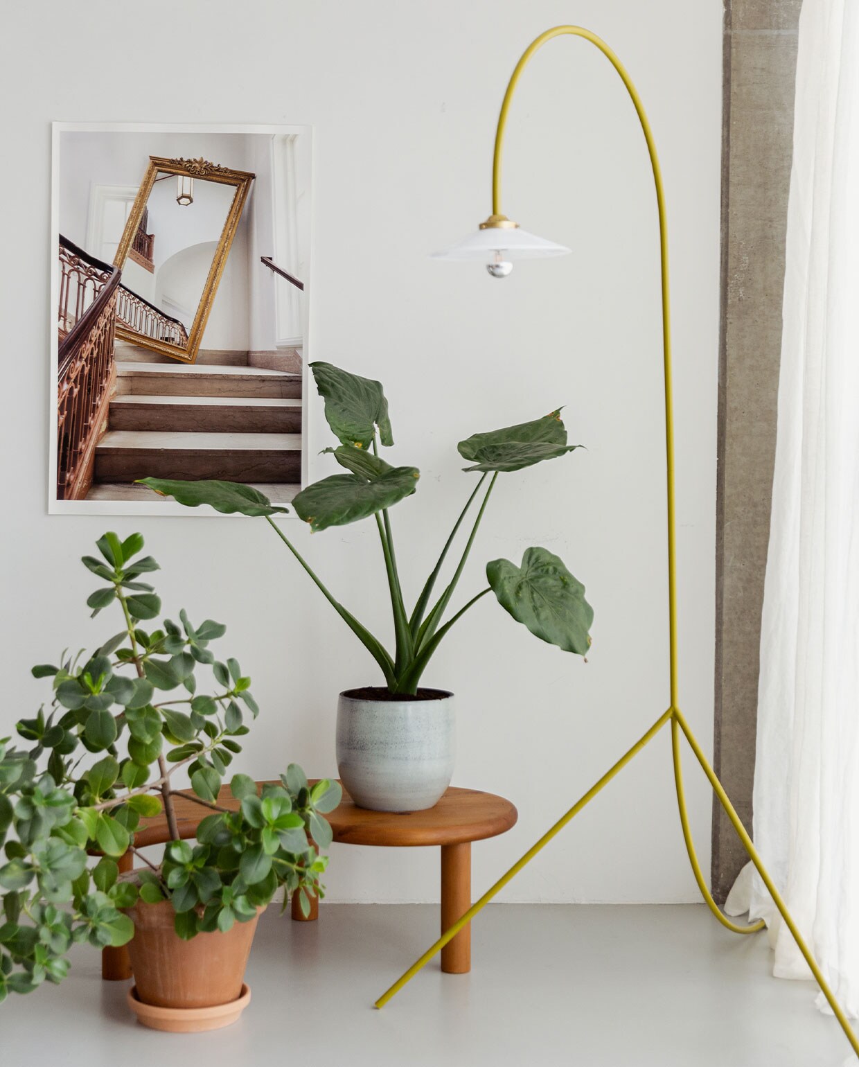 Standing Lamp Muller Van Severen voor valerie_objects, gordijnen ByMolle, freeform 60’s bijzettafel Fundamente, planten geadopteerd, planten-potten bij bloemenwinkel, fotoprint hotel The Line in Washington DC zelfgemaakt.