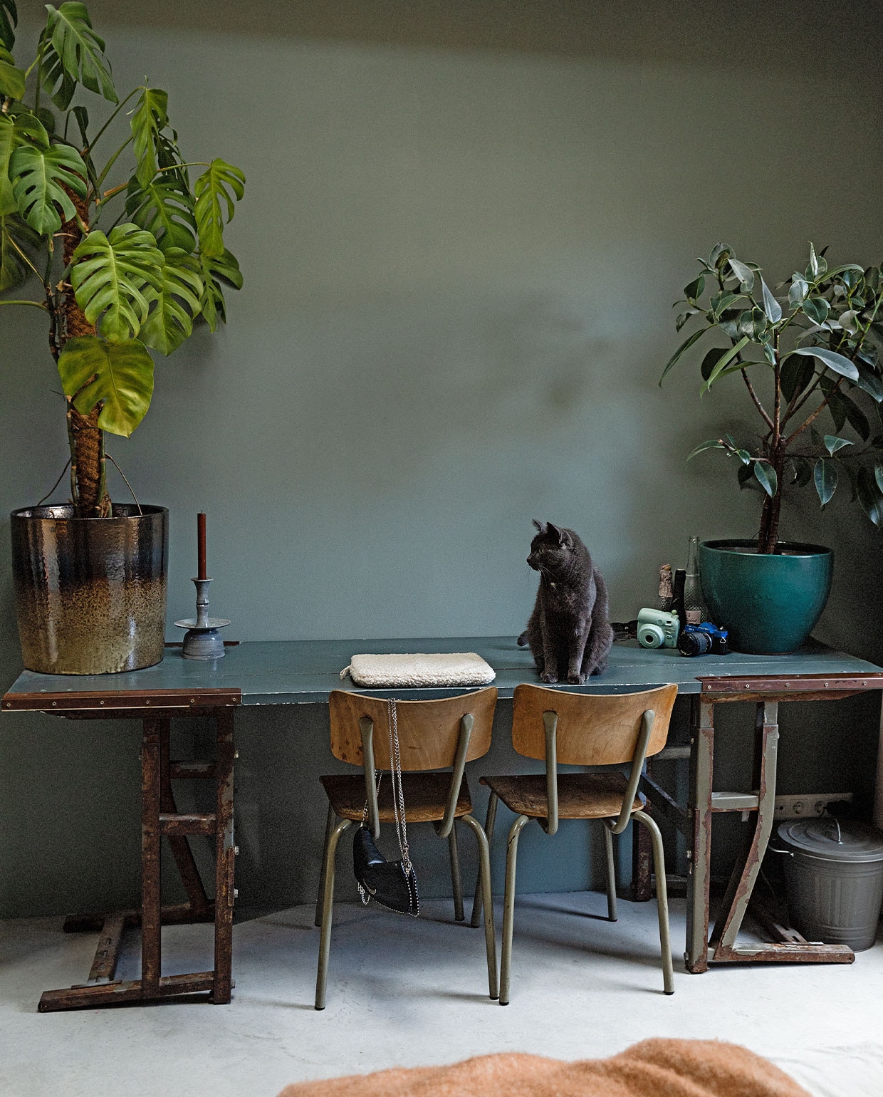 Oude, smaller gemaakte werktafel vintage, schoolstoelen vintage. Zinken emmer, bloem- potten en planten ByDennis. Muurkleur Zink van vtwonen.