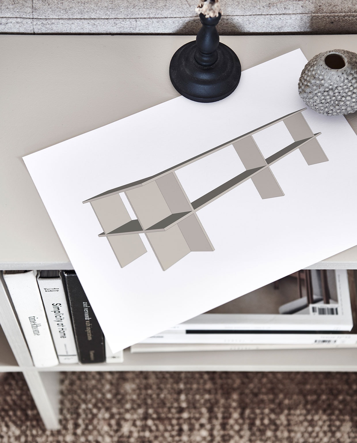 Ruime driezitsbank Cube in stof facet kiezel € 3610,- (studio-henk). Juten vloerkleed, 300×400 cm € 599,-. Overig privébezit.