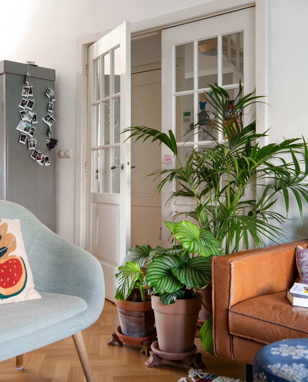 Planten fungeren als roomdivider van twee ruimtes: de woon-en eetkamer