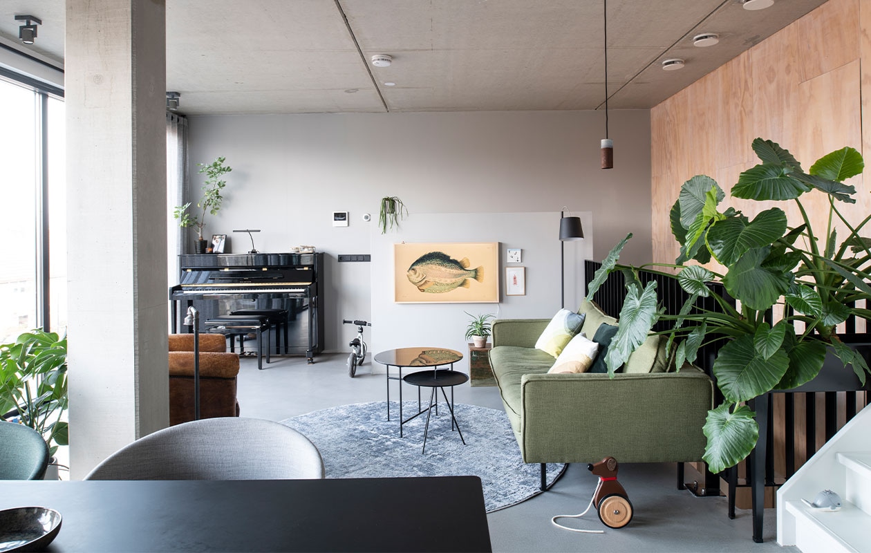 Pandomo K3 stuc als variant op een gietvloer. Eettafel Stick van Eijerkamp. Eetkamerstoel About a Chair 27 van Hay. Bank Loods 5 Design. Herringbone kussens van Vitra via Groen + Akker. Groen kussen en plantenstandaard Intratuin. Vloerkleed Gusta. Hoge bijzettafel Loods 5. Lage bijzettafel Woood. Vloerlamp Zuiver. Hanglamp Roest van Van Joost voor Graypants. Tv Samsung Frame met camouflagebeeld vis. Tegel StoryTiles. Schilderij gekocht in een Parijse galerie.