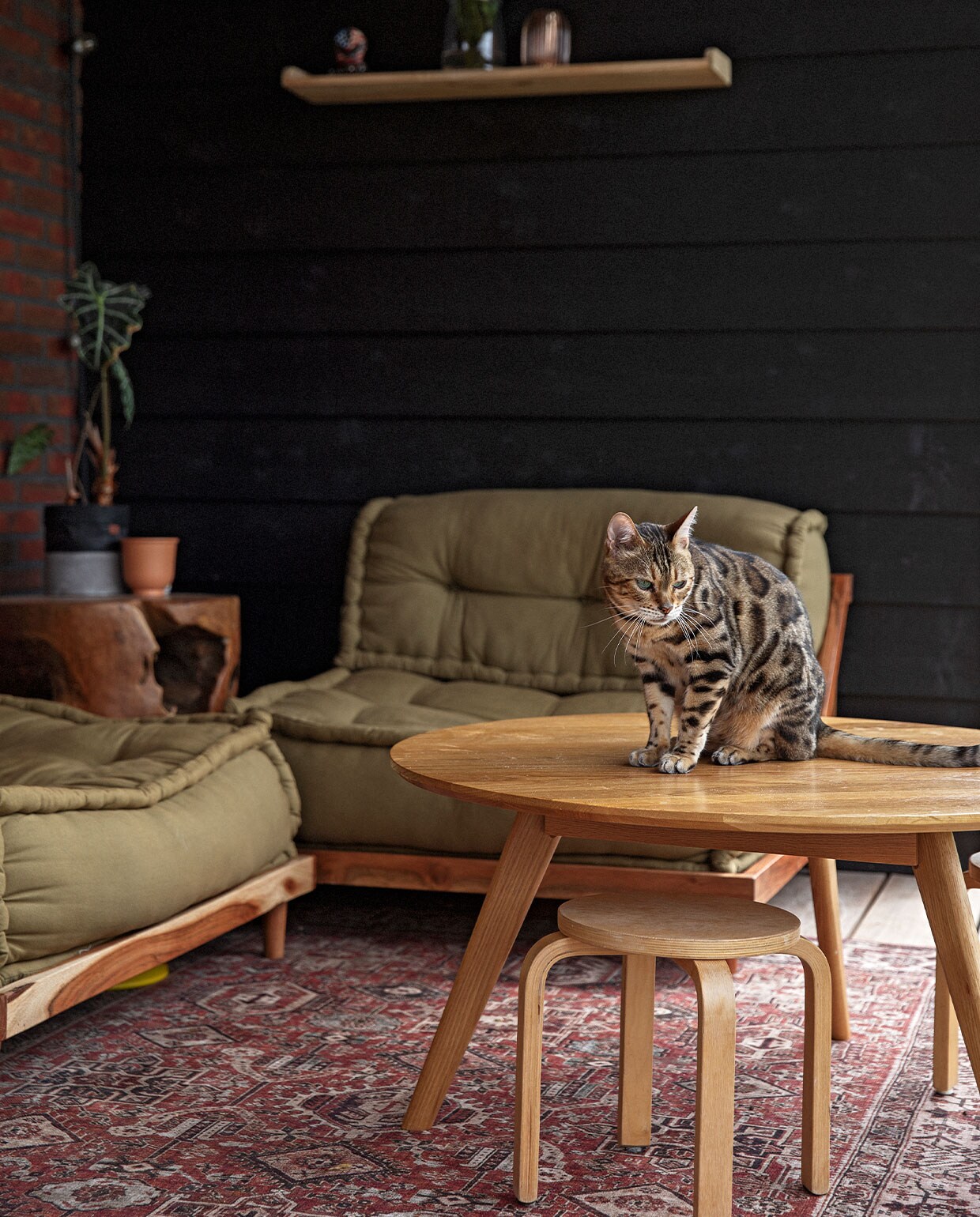 Banken Sklum. Tafel Loods 5. Kruk Ikea. Bijzettafel gekregen. Bloempotten, vazen Ikea. Wandplank, kleed Karwei.
