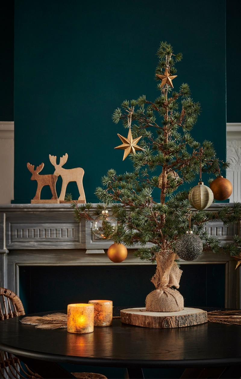 Gold splash kerstbal 8cm (€2,95) – Duchess kerstboom 90cm (€39,95) – Sven staandeco rendier 21cm (€4,95) – Sven staandeco rendier 27cm (€6,95) Chemistry kerstbal 8cm (€2,50) – Ridge kerstbal 8cm (€2,95) – Gild hangdecoratie 7,5cm (€1,95) – Gild hangdecoratie 11,5 cm (€2,50) – Dry flower kerstbal 8cm (€2,75) – Antico partylight diameter 7cm (€4,95) vtwonen 11-2021 | Casa Kerstcollectie Back to the Roots