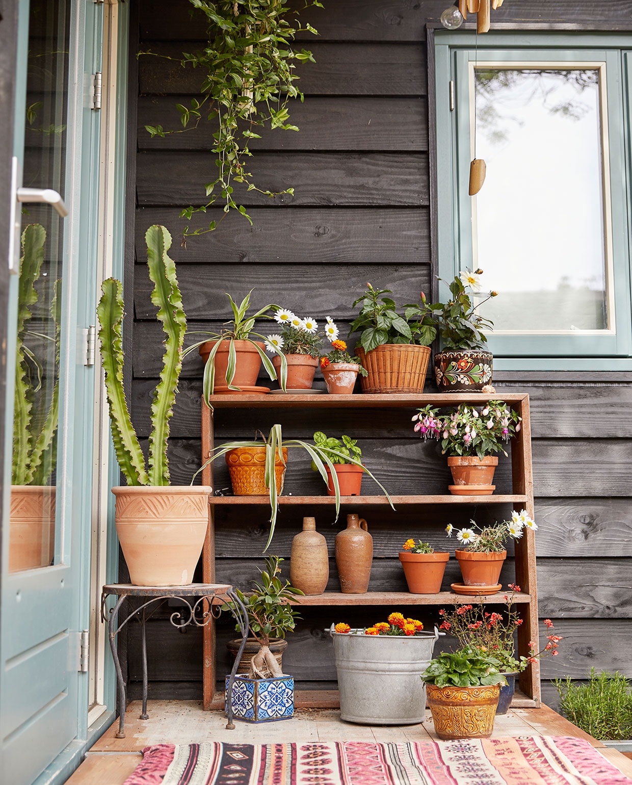 Plantenrek zelfgemaakt. Emmer rommelmarkt. Terracottapotten kringloop , en tuincentrum. Kruiken van vorige bewoners geweest. Kleed Xenos. Blauw bakje souvenir uit Portugal.