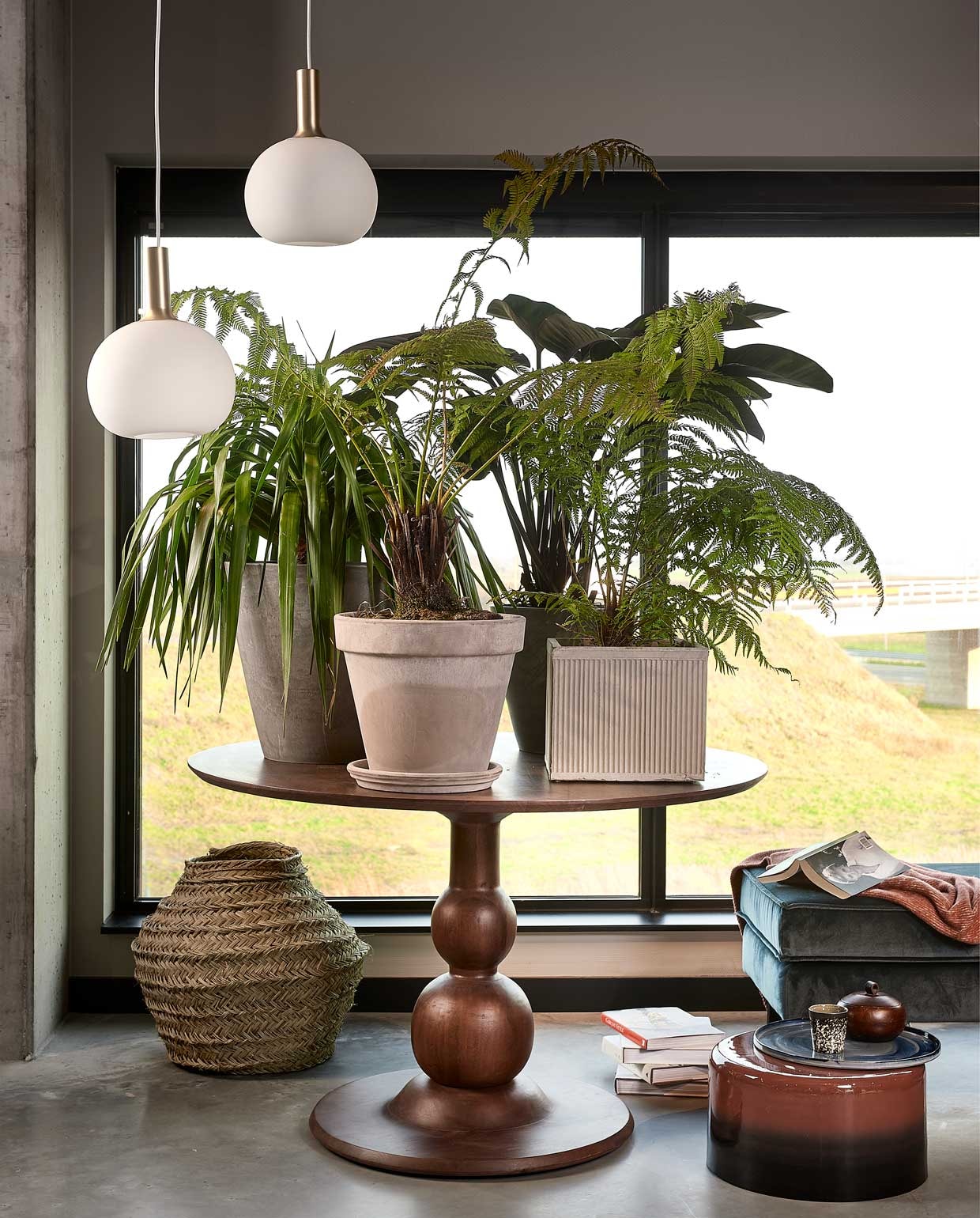 Tafel Blanco, 120×75 cm (Øxh) € 599,-, hocker Rodeo € 229,- (basiclabel.nl). Mand Essaouira € 59,- (householdhardware.nl). Kruk Fading van vtwonen € 69,95, keramisch dienblad van Serax € 99,-, mok 70’s van HKliving, per 6 € 34,95, plaid Gusta € 15,45 (vtwonen.nl). Planten- potten via goed gesorteerde bloemenhandel. Planten linksachter beginnend met de klok mee: Dracaena Draco, Philodendron , Red Beauty en twee keer Dicksonia Antartica (plantenverhuur.nl). Overig privébezit.