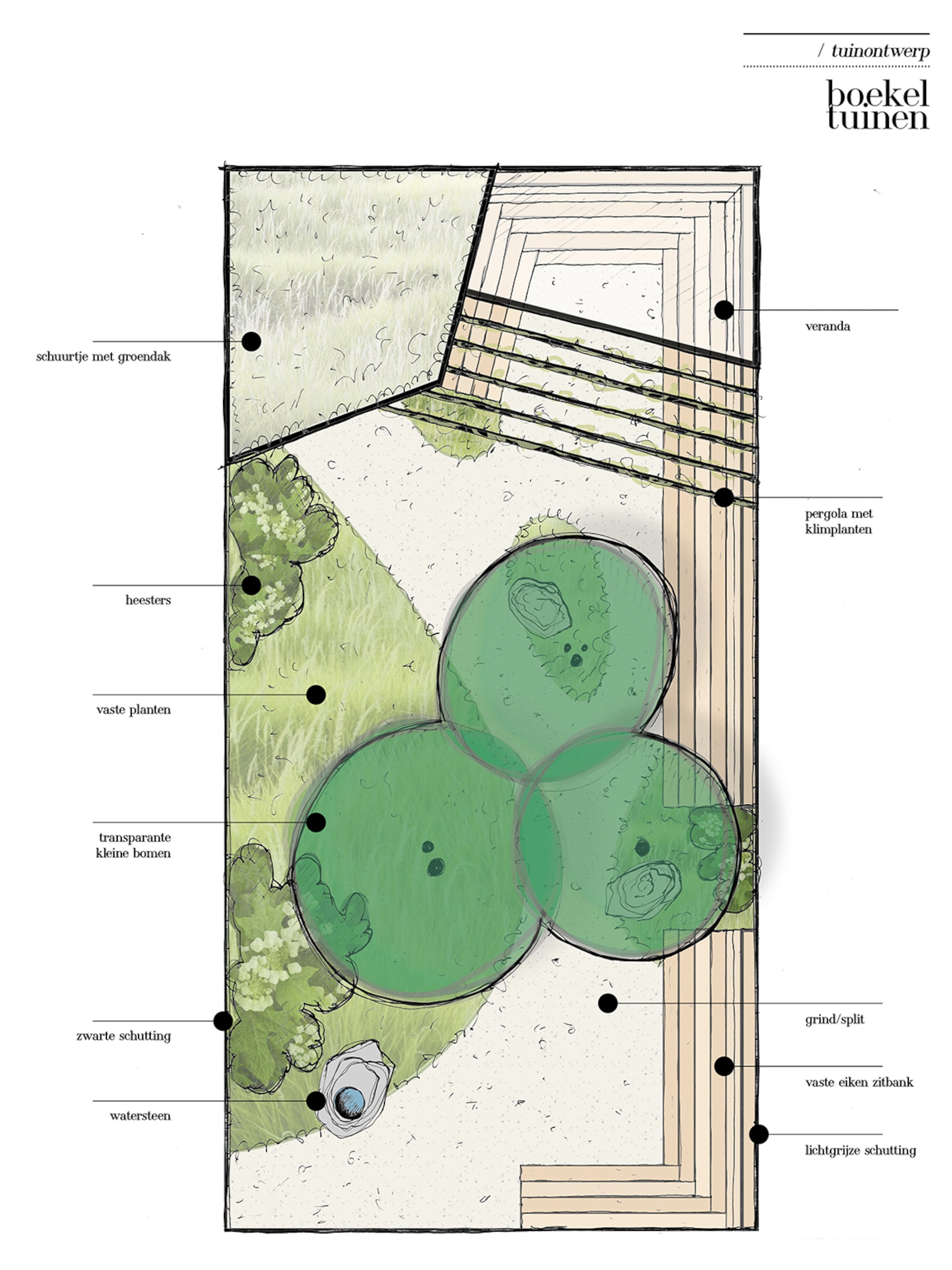 japans en scandinavisch tuinontwerp voor een tuin van 50 m2
