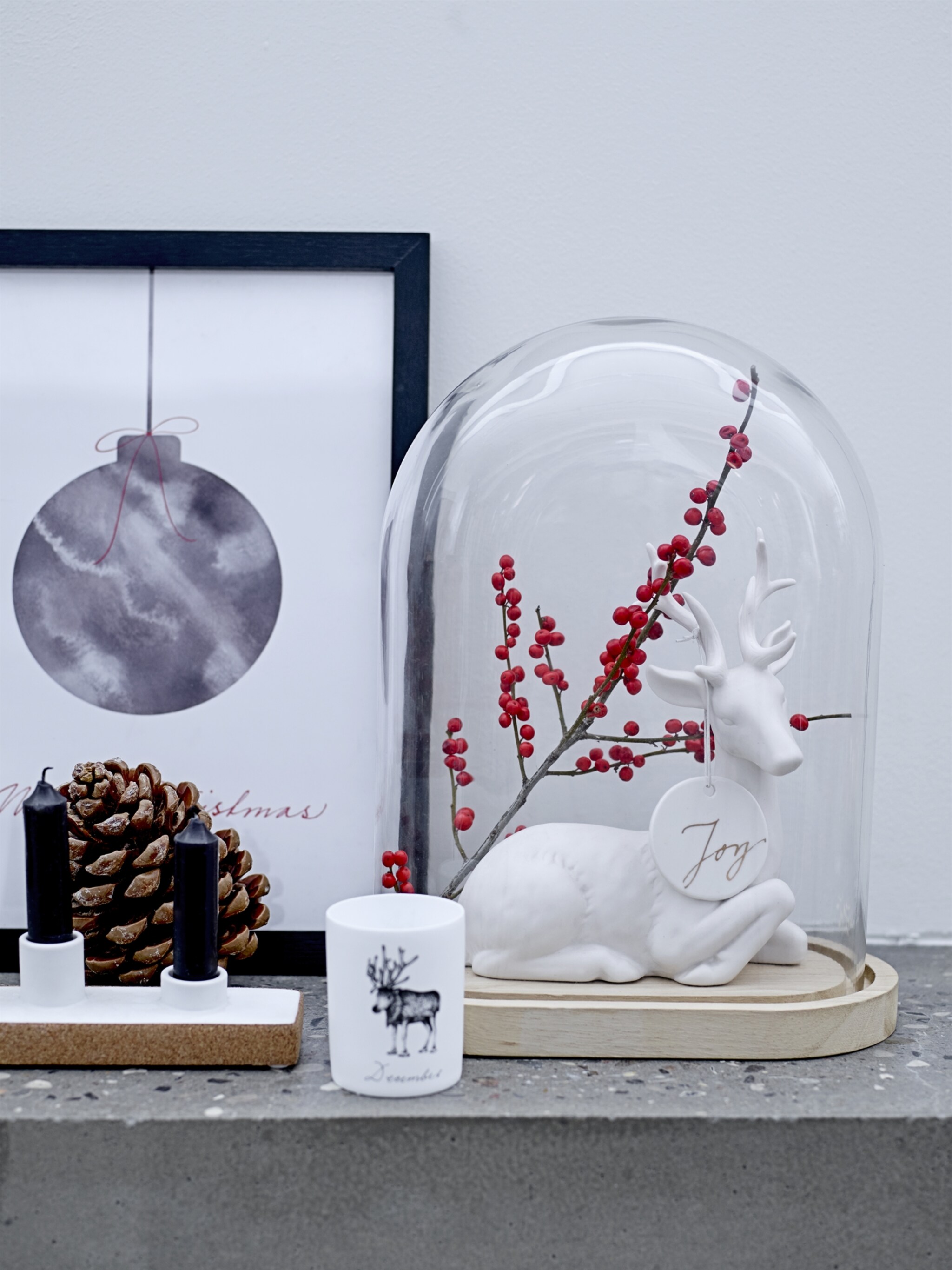 kerstdecoratie onder een glazen stolp