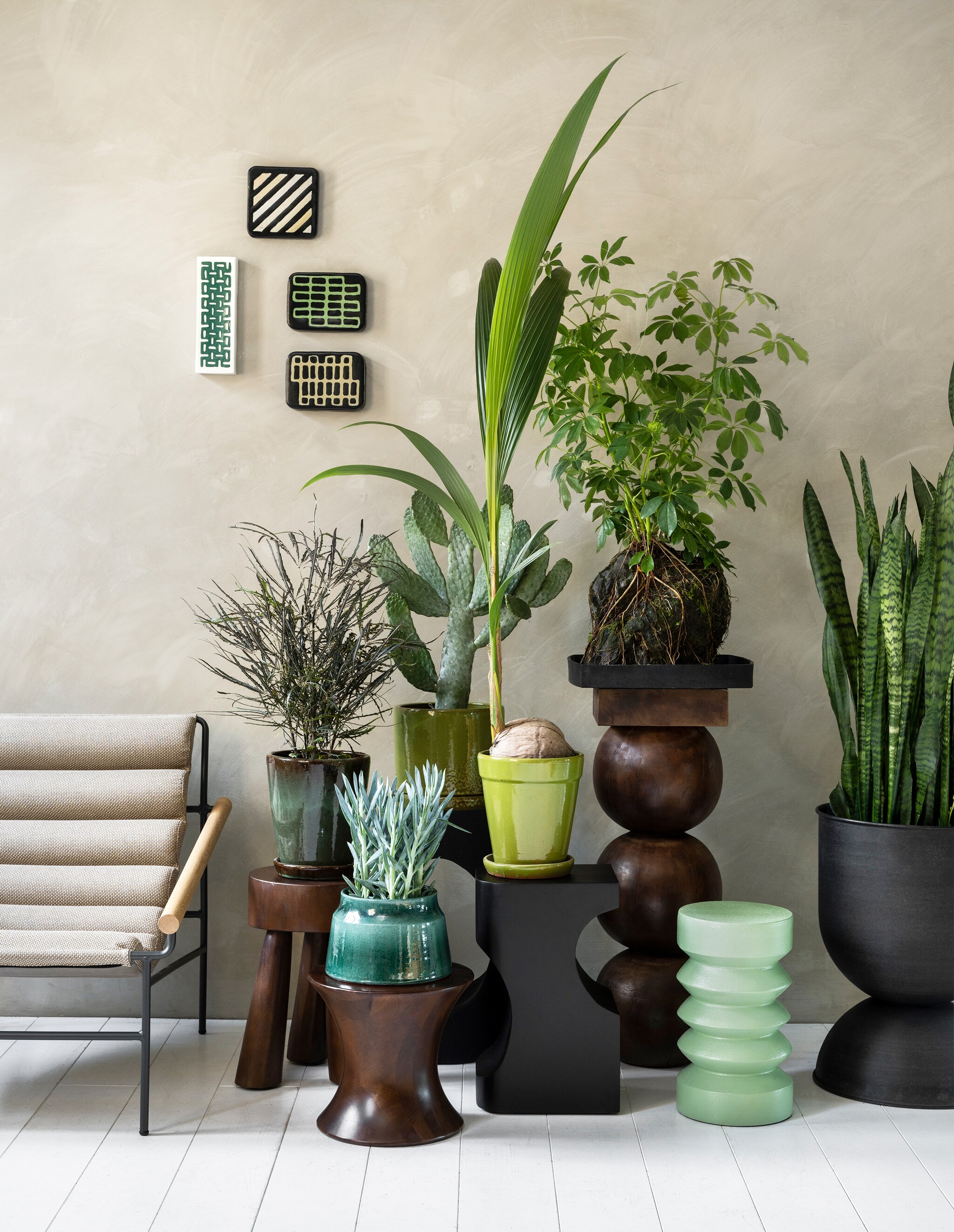Plant en potten v.l.n.r.: plant ? 29,95, pot ? 29,95, plant Mount Everest ? 9,95, pot ? 49,95 (loods5.nl), cactusplant ? 79,95, pot ? 39,95, kokospalm ? 14,95, pot ? 29,95, plant Schafflera op lavasteen ? 295,-, plant Sansevieria ? 125,- (bydennis.nl), pot van Ferm Living ? 339,- (vtwonen.nl). Muurverf Fresco in Sand Storm, 1 liter ? 57,75 (pure-original.com). Fauteuil ? 863,- (loods5.nl). V.l.n.r.: houten krukjes respectievelijk nummer 1, 3 en 5 ? 119,-, ? 119,-, ? 349,- (urbannatureculture.com), zwarte kunststof bijzettafel van Dutchbone ? 219,-, houten bijzettafel van Ferm Living ? 395,- (flinders.nl), groene bijzettafel van HKliving ? 99,- (vtwonen.nl). Keramieken kunstwerken, vanaf ? 120,- (rollmannceramics.com). vtwonen 03-2023 | styling Marianne Luning | fotografie Stan Koolen