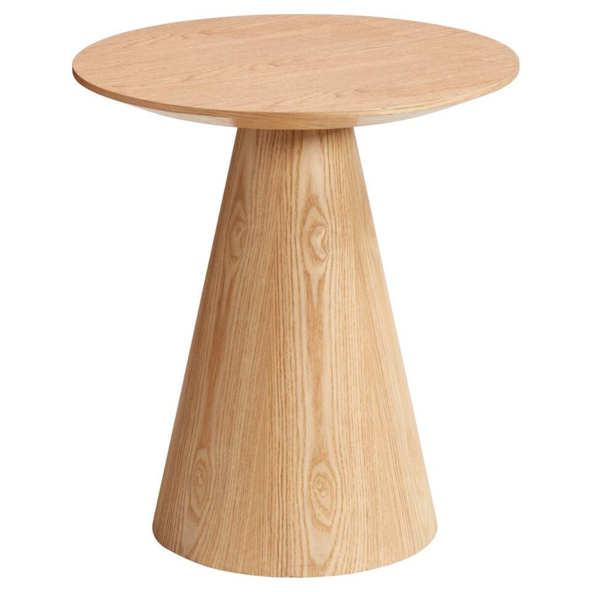 Bijzettafel cone met naturel houtlook, rond blad en kegelvormige poot. 45x45x50 cm (lxbxh), € 50,- (kwantum.nl) Kwantum