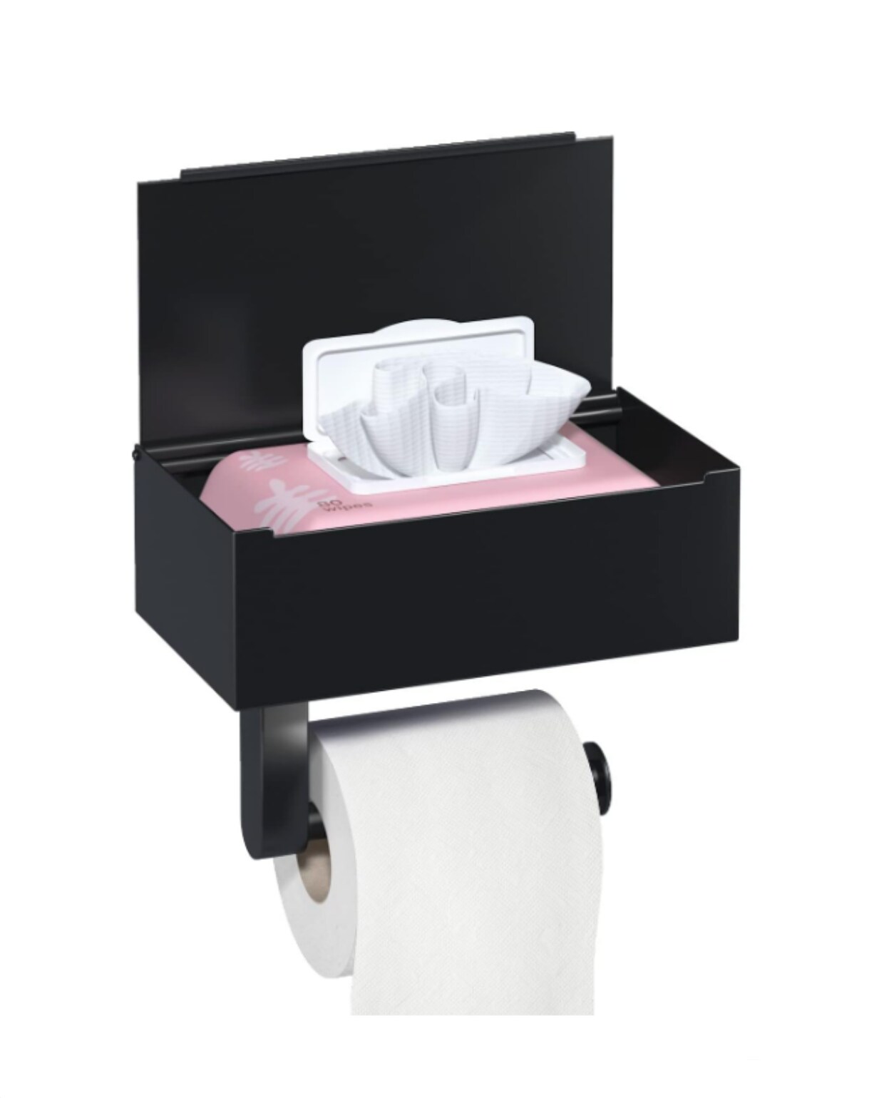 Mat zwarte toiletrolhouder aan de muur gemonteerd, Heatigo roestvrijstalen toiletpapierhouder met plank, natte veegdoos, tissue opbergdoos voor badkamer (zelfklevend of geboord), 2 haken gratis Amazon