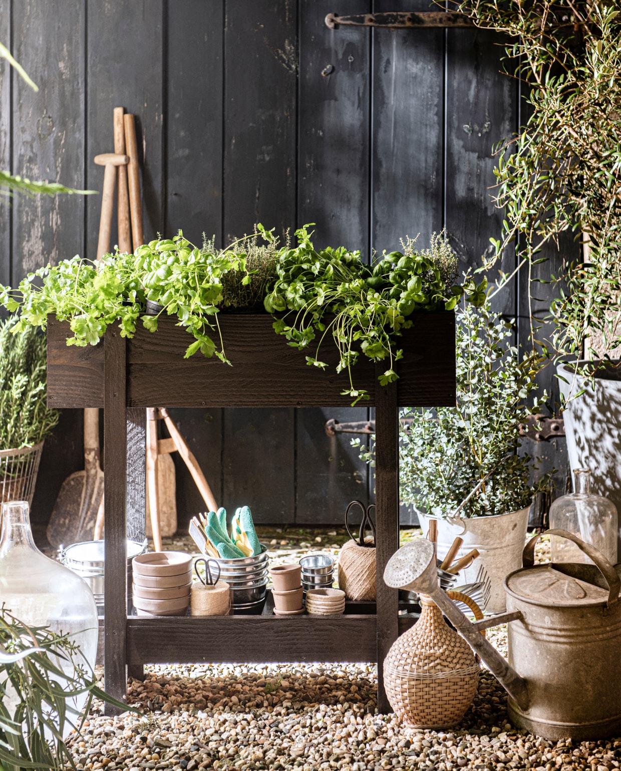 Zinken emmer, schep, draadstalen mand, houten kist zinken teil, spuitfles € 10,-, zinken gieter, zinken pot (burbri.nl). Bezem, hark, flesvazen, houten teil (vandijkenko.nl). Bamboe stokken (dille-kamille.nl). Betonlook plantenpotten van Ecopots Amsterdam (vtwonen.nl). Grijze katoenen mand met handvaten (hm.com). Planten en bomen (greenlifestylestore.nl). Verf Toms Oil Eggshell Buiten kleur Black Jack 119 (littlegreene.nl). Overig privébezit. vtwonen special TUIN 01 04-2020 | ontwerp en uitvoering Johan Snoodijk | productie en styling Danielle Verheul | fotografie Sjoerd Eickmans