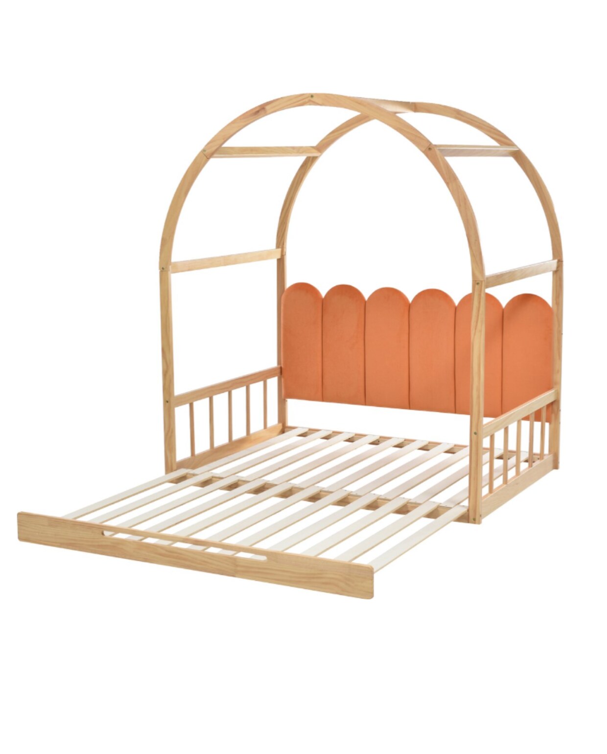Uitbreidbaar gewelfd dakbed-uitschuifbed- Cot Day Bed tweepersoonsbed, fluwelen rugleuning Gestoffeerd bed-grenenhouten frame- Natural &amp; Oranje (140x100cm&amp;140x200cm) Bol.
