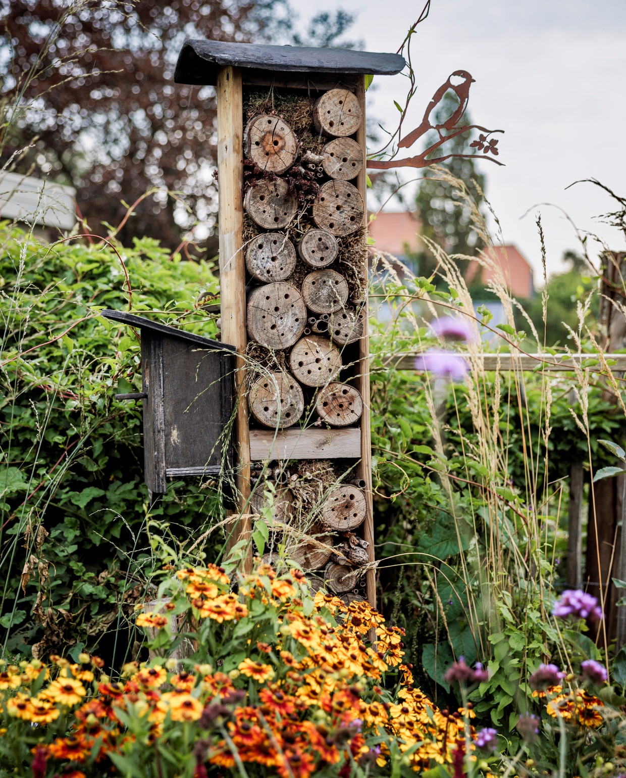 Het bijenhotel dat Mark maakte voor een van zijn vtwonen-blogs. Bijen zijn onmisbaar in de natuur. Voor het bijenhotel bloeit Helenium. vtwonen tuinspecial 09 | styling Fietje Bruijn | fotografie Ernie Enkelaar