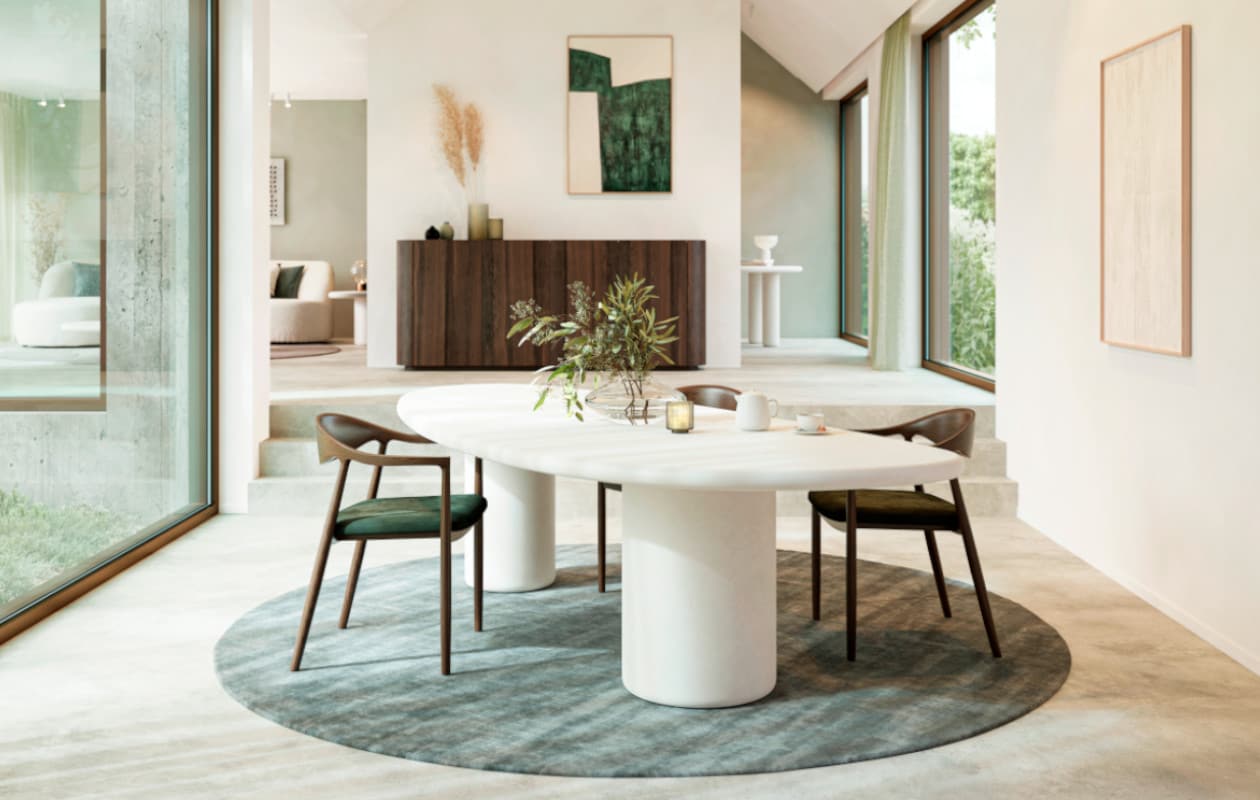 Artisano eettafel Rock Chalk met Padua stoel, Prestige tapijt en Rondato hoge dressoir.