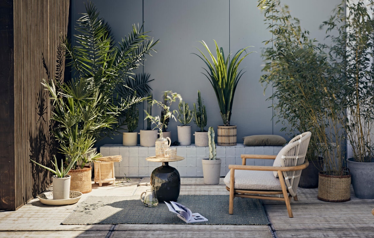 Linnen kussen 60x40cm € 21,95 (iblaursen.nl). Zeegras vloerkleed120x180cm € 103,25, karaf met bloemen en gevlochten handvat € 27,50, karaf met rieten buitenkant € 35,95, klein houten schaaltje € 5,50, houten schaal € 20,-, set van twee bamboe planten potten met standaard (hier zonder standaard) € 124,- (Madamstoltz.nl). Grote schaal links op de grond € 77,10 (nordal.eu). rotan manden € 39,99, rieten mand 19,99 (hm.com). Blow bijzettafel van Gloster € 1000,-, lounge fauteuil van Gloster vanaf € 2550,- (dacks.nl). Donker houtem latten wand prijs op aanvraag (com-anders.nl). Cactus planten in grijze potten uit de vtwonen plant collectie vanaf (vtwonen.nl). vtwonen 06-2020 | Styling Cleo Scheulderman | Fotografie Jeroen van der Spek