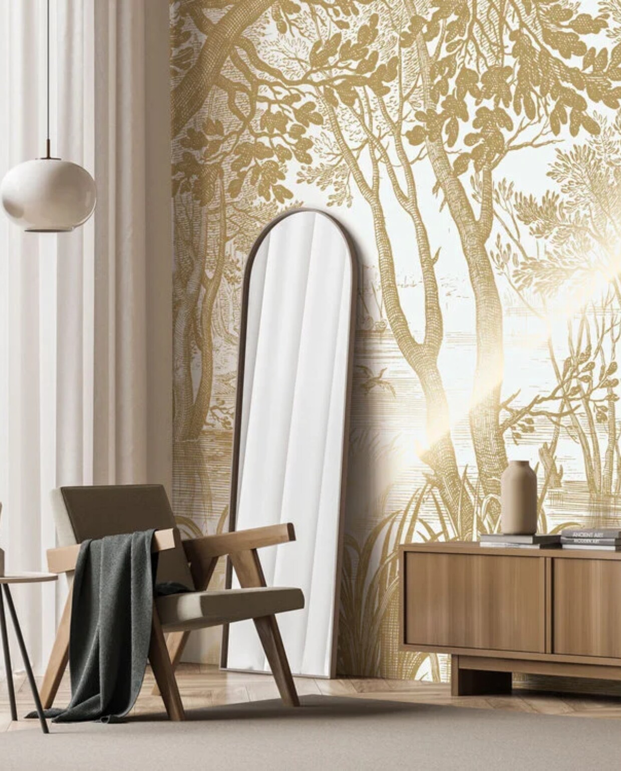 Goud behang Engraved Landscapes, off-white, Kek Amsterdam. Kek Amsterdam