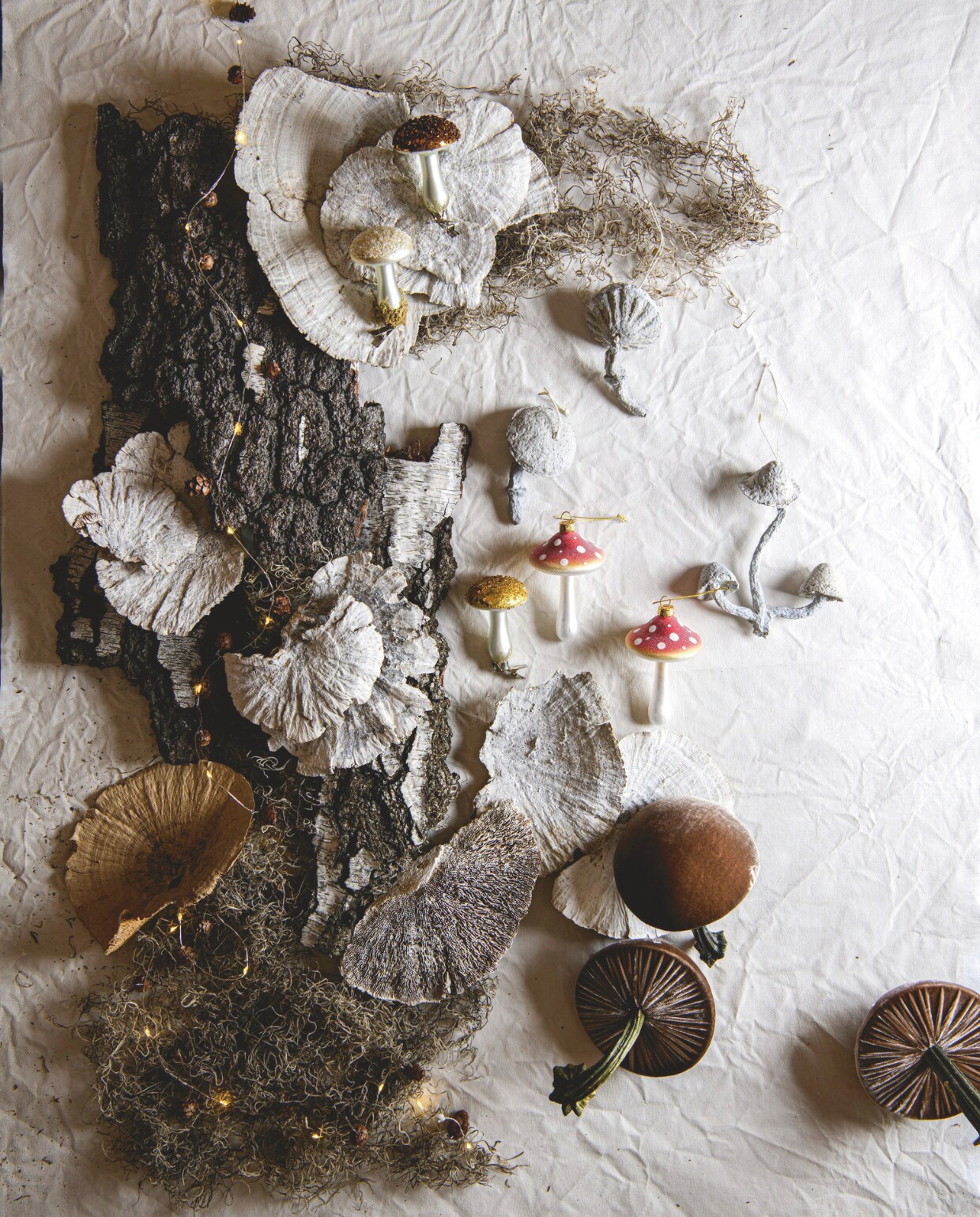 Gedroogde decoratiematerialen (bloemschikwinkel.nl). Paddenstoelornament op clip van House of Seasons, set van 2 € 4,- (vtwonen.nl/shop). Wit paddenstoelornament met drie hoeden € 15,-, wit paddenstoelornament, set van 4 € 29,- (fermliving.nl). Rode glazen paddenstoelkerstbal € 11,95 (klevering.com). Bruine velours paddenstoelen € 29,32 (hotskwash.com). Verlichtingsnoer, 2 meter € 14,95 (sirius.dk). vtwonen 12-2024 | styling Marit Saladini | fotografie Louis Lemaire