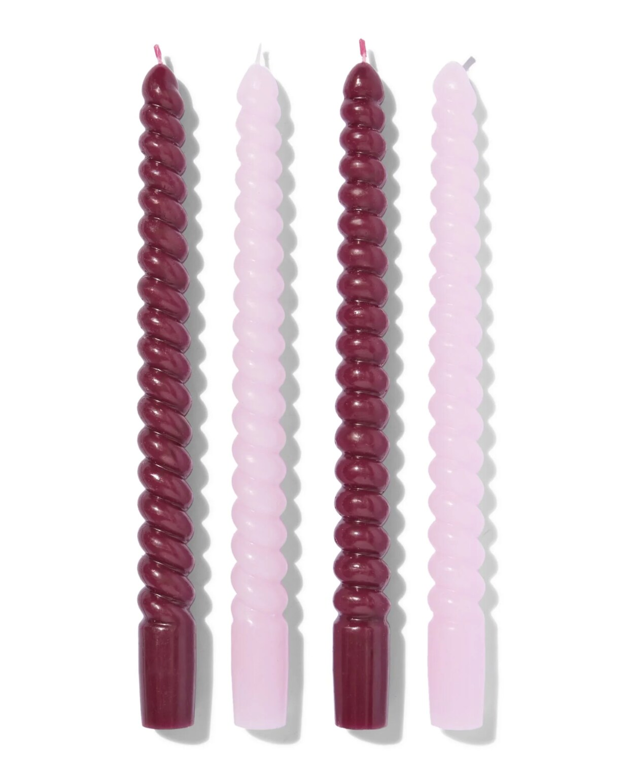 4 stuks kaarsen gedraaid, roze / rood. HEMA