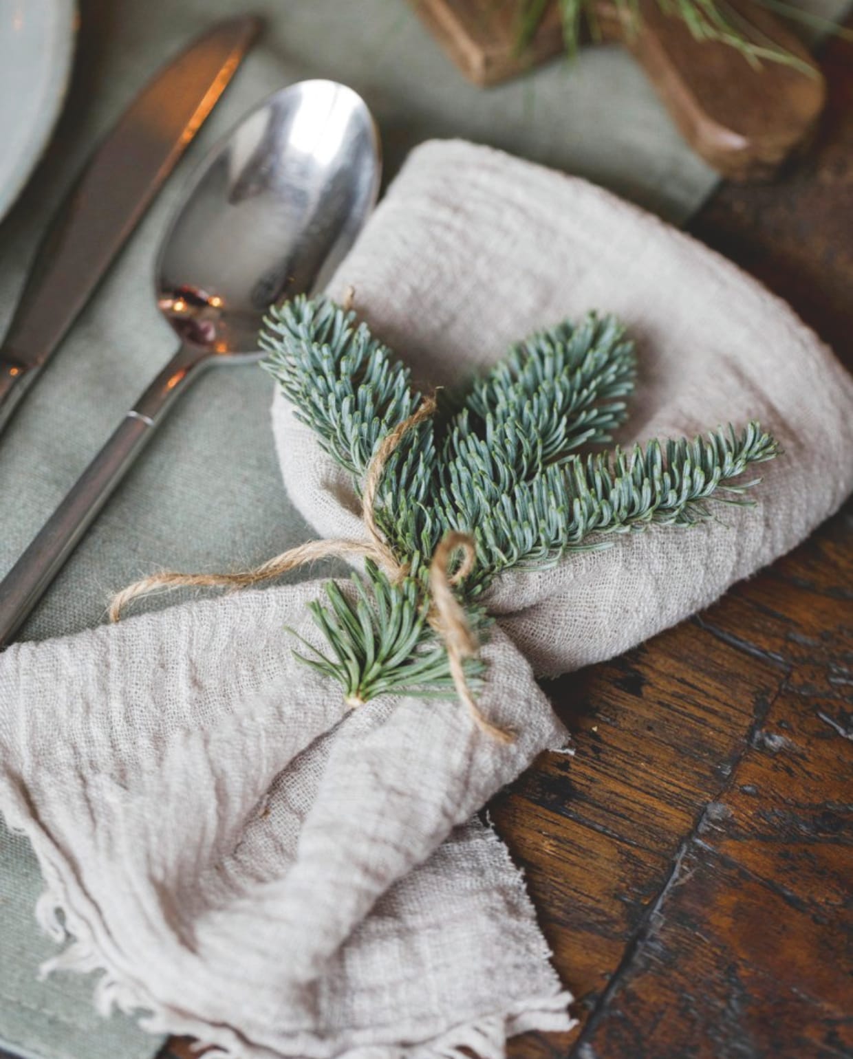 De tafel is gedekt met servies van Loods 5, placemats van Puur Wonen. De groen- en kerstdecoraties zijn van Met Landelijk Label. vtwonen landelijk 07-2024 | Styling Rust &amp; tiek | Fotografie Corine Hoge Bavel-Jansen