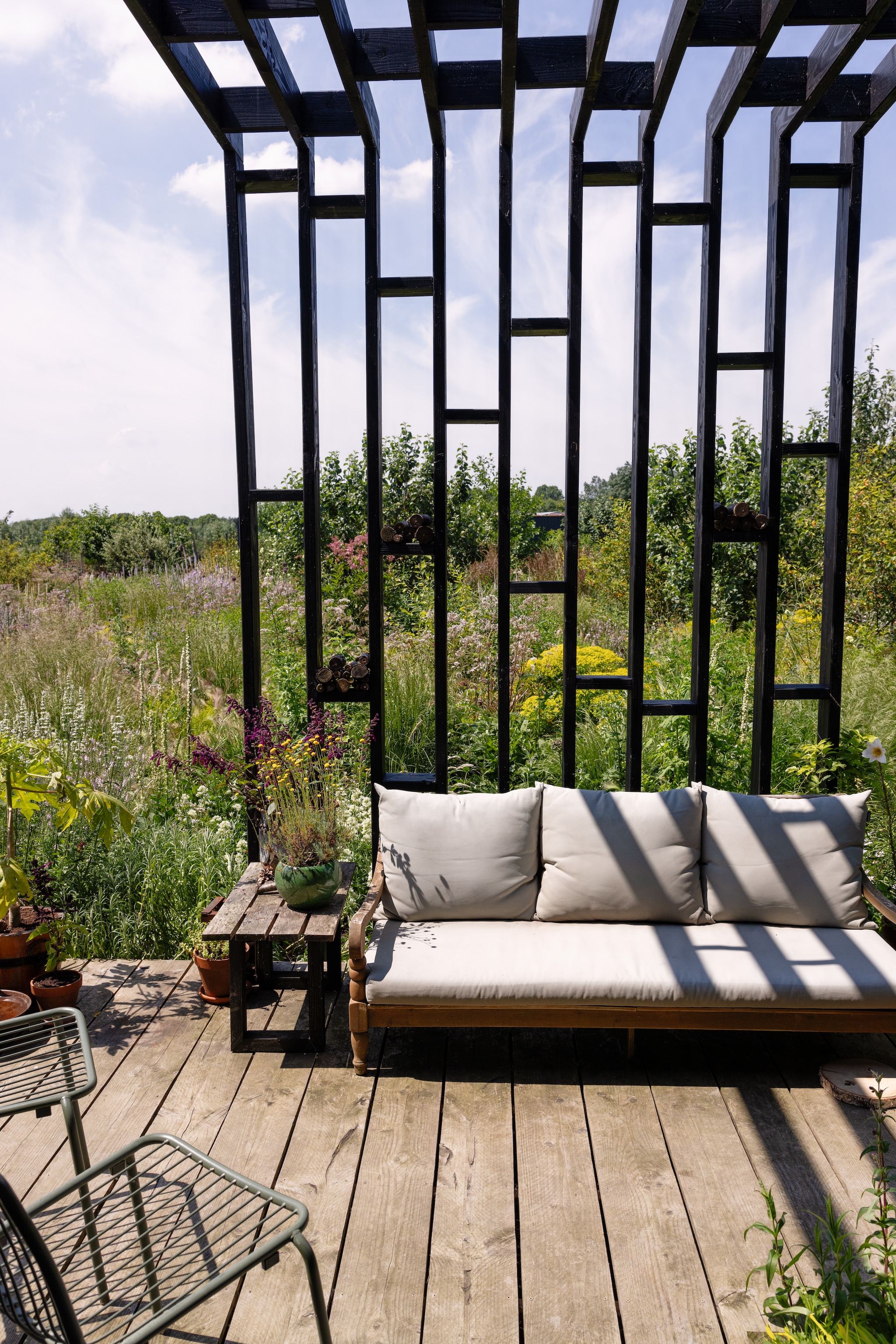 Tuinbank Roos en kussens van Lanterfant. Stoelen Gamma, overkapping zelf gebouwd met zwart gebeitst douglas, vlonders onbehandeld douglas, eikenhouten bijzettafel zelfgemaakt. Santolina en Salvia ‘Love and Wishes’ in pot. vtwonen 02-2025 | styling ilona jongepier | fotografie dana van leeuwen | tekst Mirjam Rosema-Verhulst