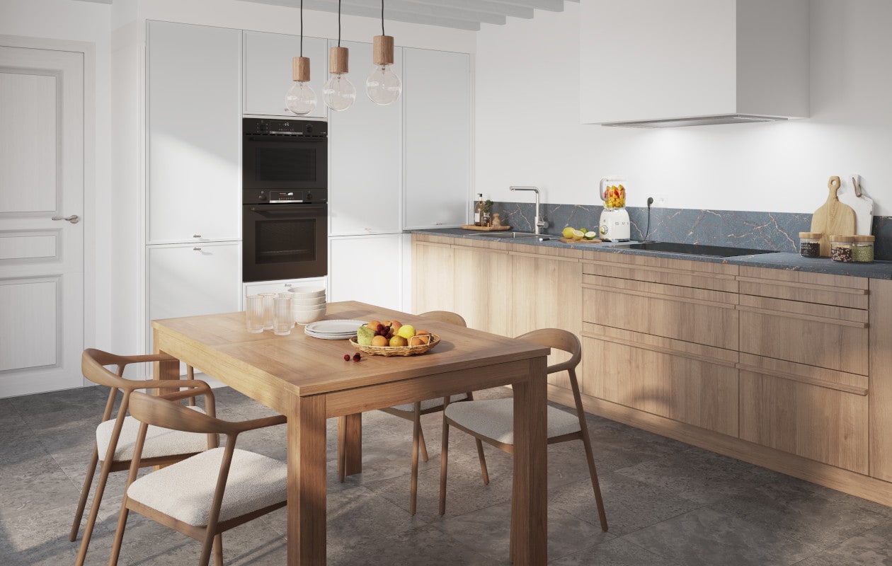 De Toronto-keuken heeft een landelijke stijl met licht hout voor een serene sfeer.