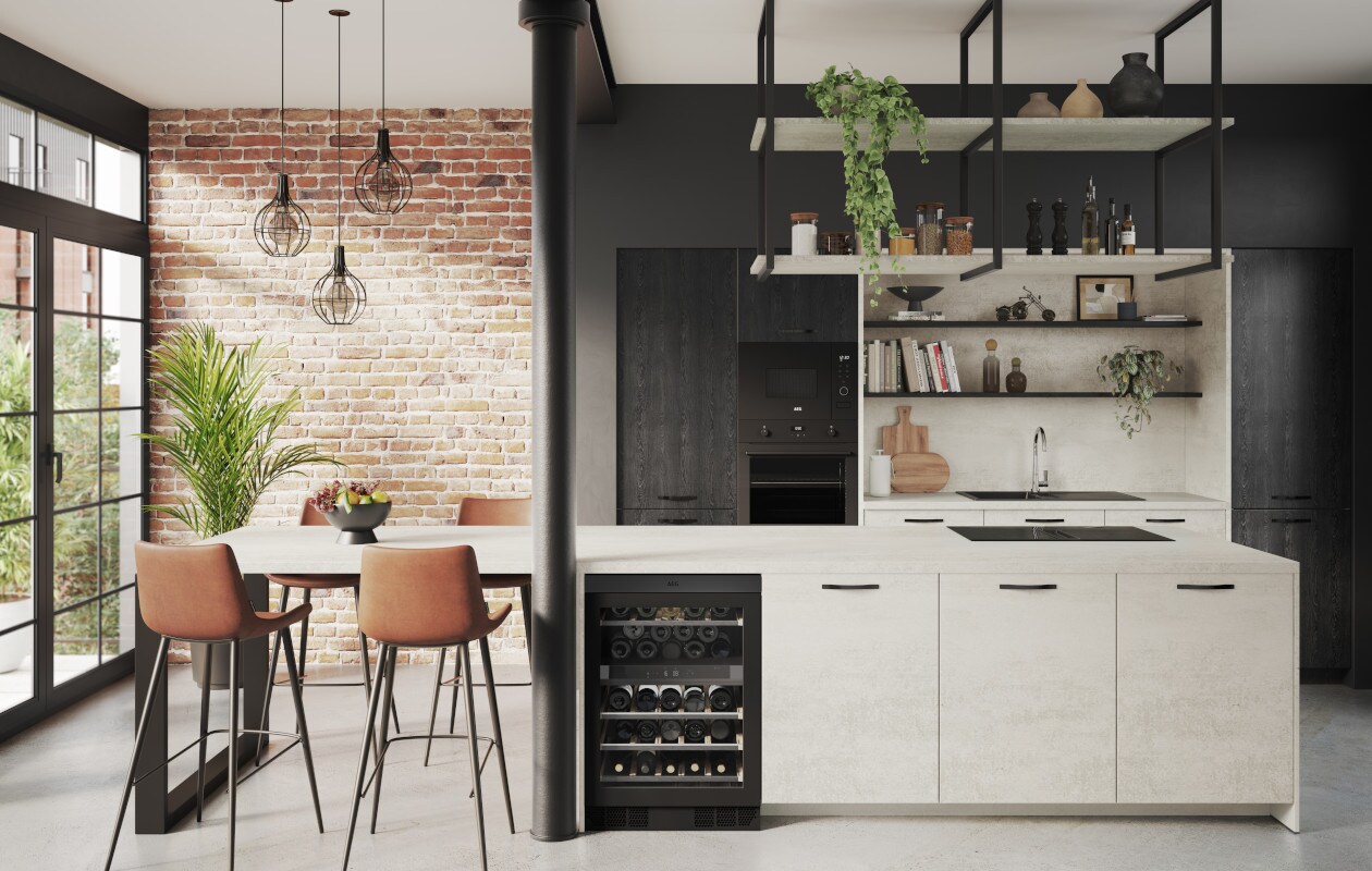 De Lys Eiken Nero-keuken met een witte betonlook en diepzwart houteffect.