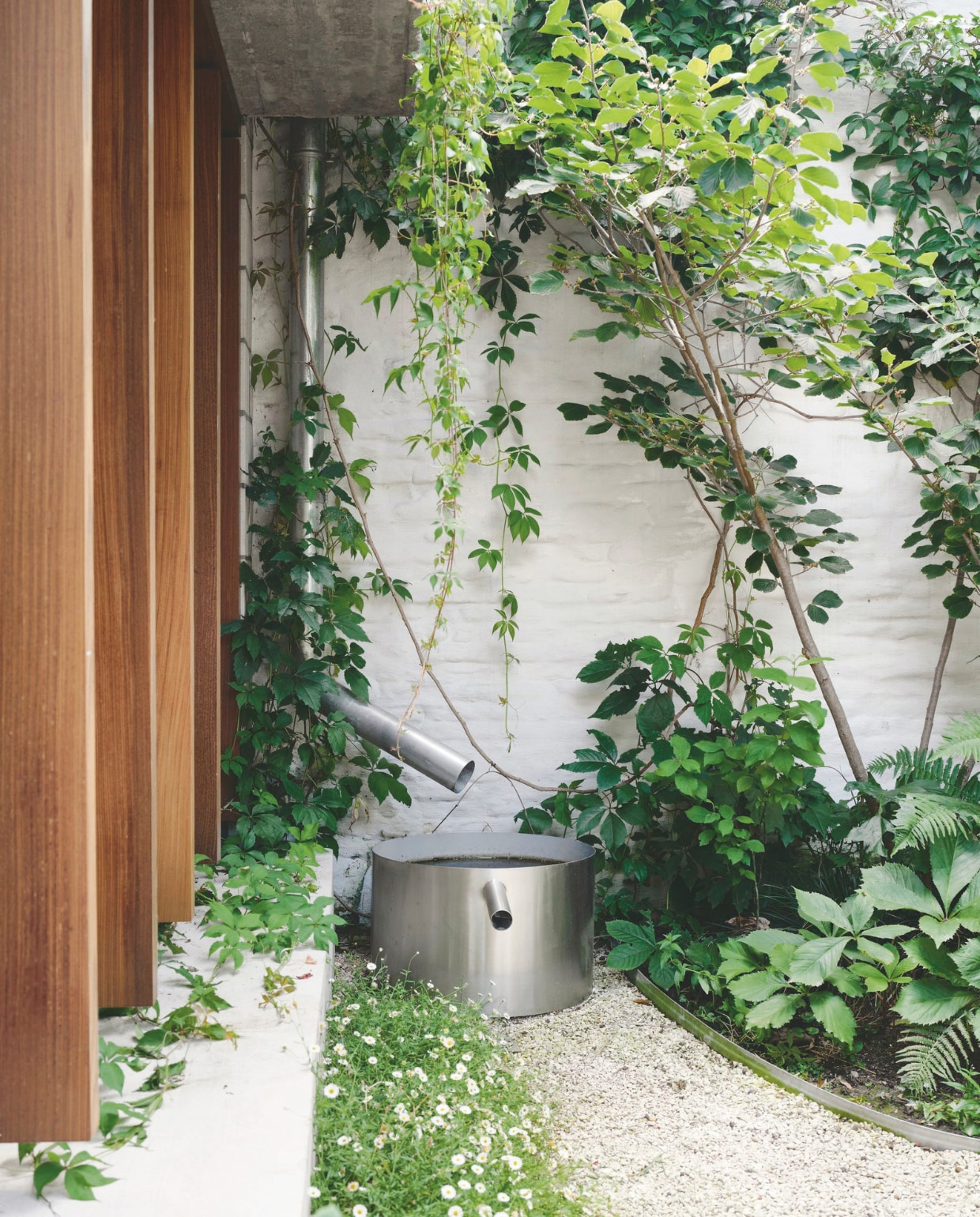 De rvs wateropvangbak maakten ze zelf en vangt het water van het bovenliggende groene dak. Kozijnen in afrormosia hardhout. stijlvol wonen 02-2025 | productie Living Inside | fotografie Mr. Frank