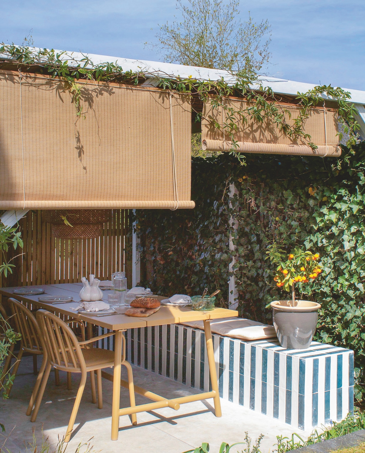 Bamboe rolgordijnen Color &amp; Co, tuinstoelen en tuintafel Fatboy, betegelde bank zelfgemaakt, bloempot kringloop. vtwonen 06-2025 | fotografie en tekst Valerie Paas