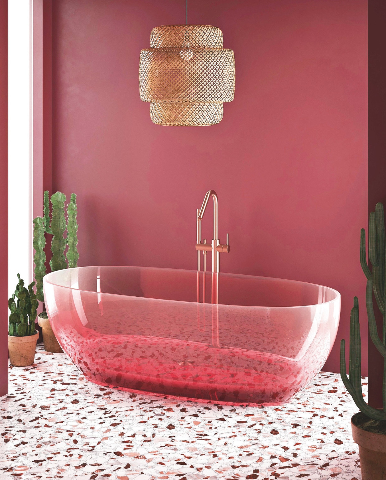 Mastello’s transparante baden lijken van glas, maar zijn van sterke kunsthars. Zo’n goudkleurige kraan maakt er helemaal een juweel van. mastello.nl Stijlvol Wonen 05-2025 | dossier badkamers