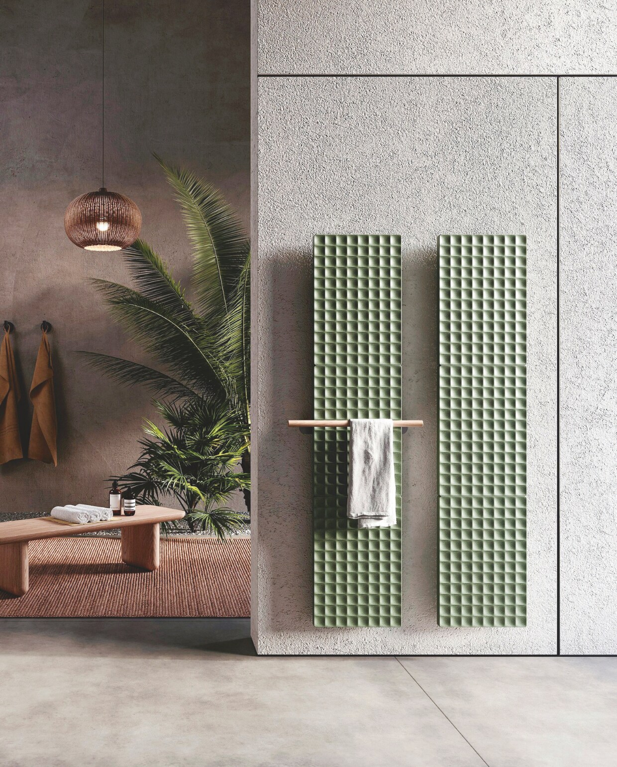 De Waffle Radiator, ontworpen door Piero Lissoni, combineert good looks met duurzaamheid, energiebesparing entechnologie. Gemaakt van gerecycled aluminium. De wafelstructuur verdeelt niet alleen de warmte, maar zorgt ook voor een grafisch effect. antrax.com Stijlvol wonen 05-2025 | dossier badkamers