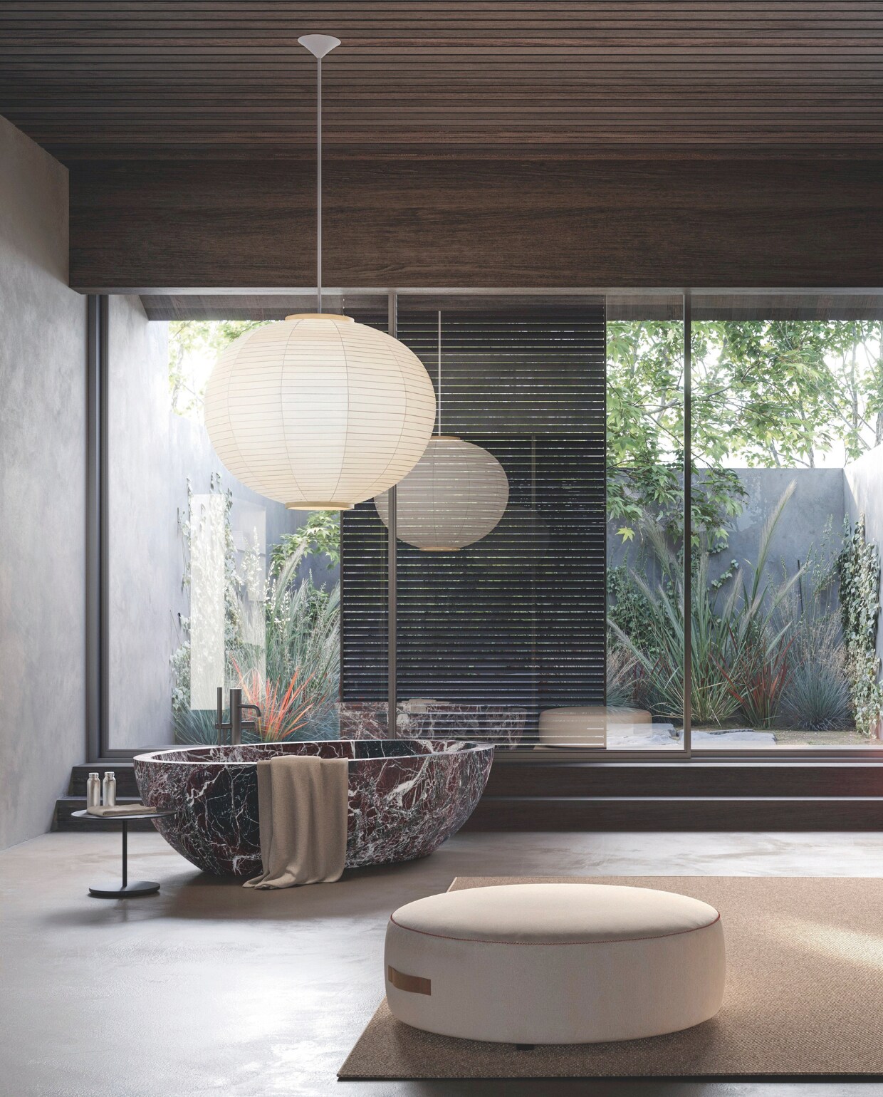 Deze badkamer is door het warme kleurgebruik, de beeldschone materialen en strakke belijning een oase van rust. De heruitgave van de I Fiumi-collectie, ontworpen door Claudio Silvestrin, straalt klasse uit. boffi.com Stijlvol wonen 05-2025 | dossier badkamers