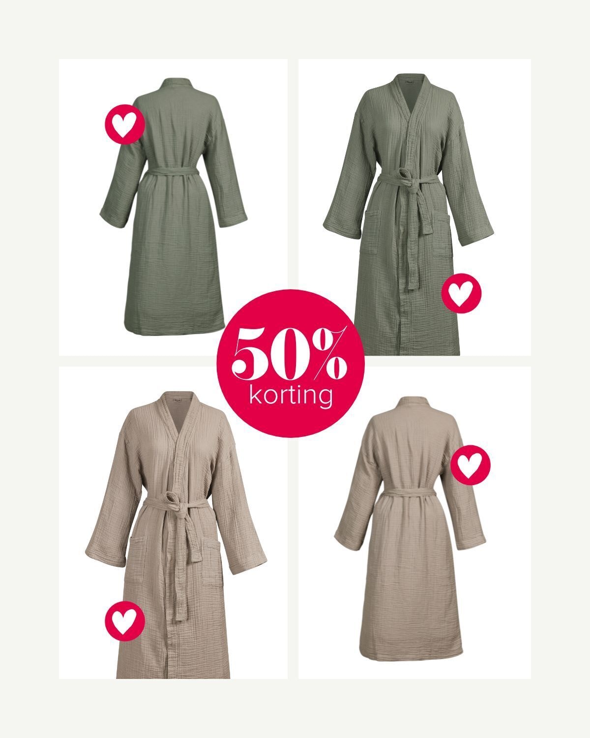 vtwonen badjas Gentle Embrace, katoen mousseline, saliegroen en zand, S/M en L/XL, € 49,99.  vtwonen