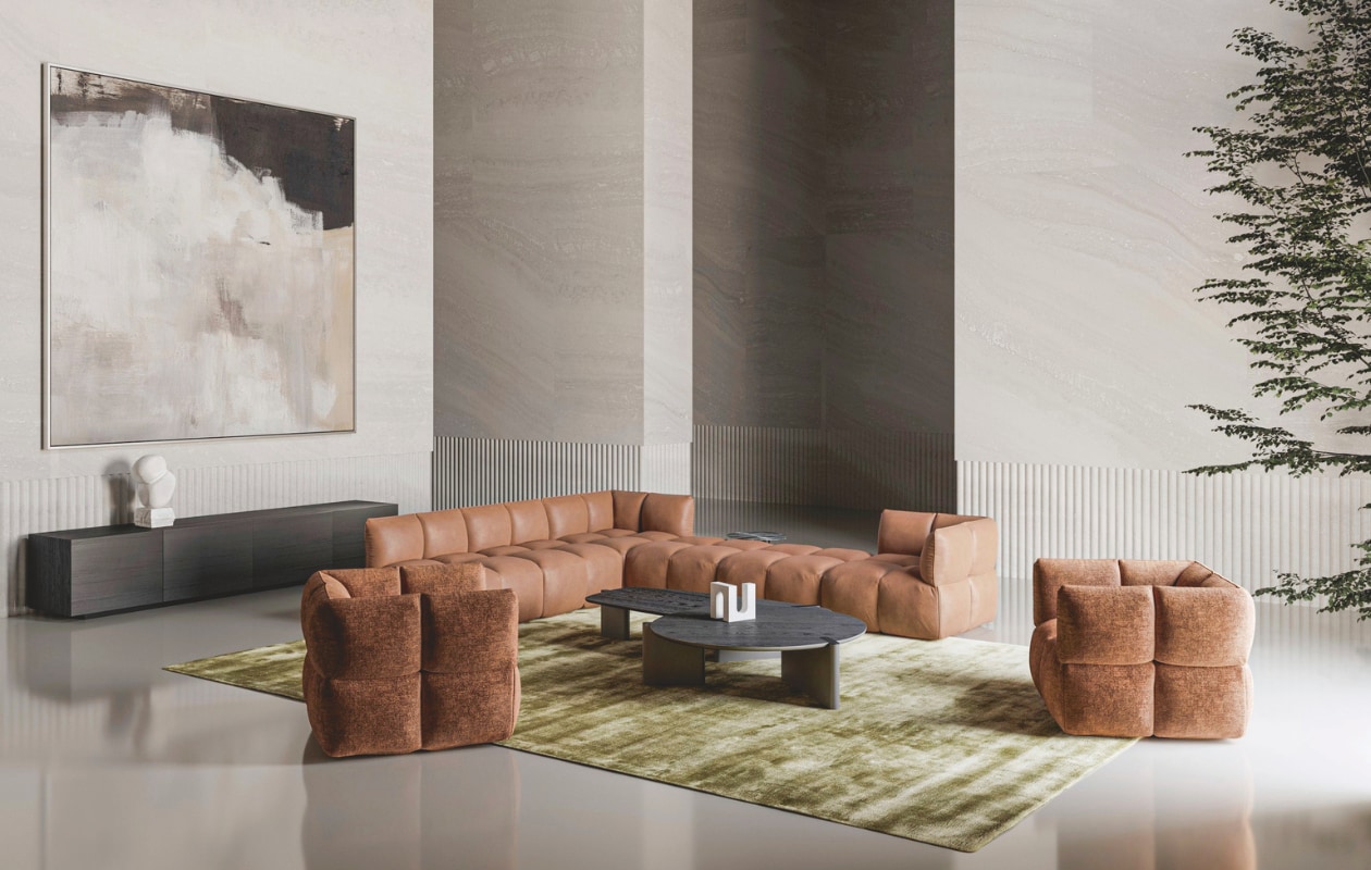 Bonaldo bank Brik, ontworpen door Martina en Massimo Castagna, 352x352x75 cm (bxdxh), prijs op aanvraag (bonaldo.com).  stijlvol wonen 8-2025 | tekst Lisette Gerbrands